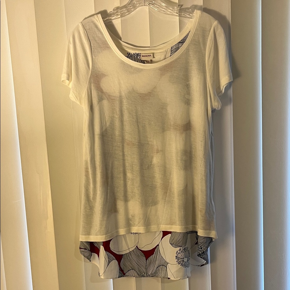 Merona White Short Sleeve Top with Navy Floral Trim